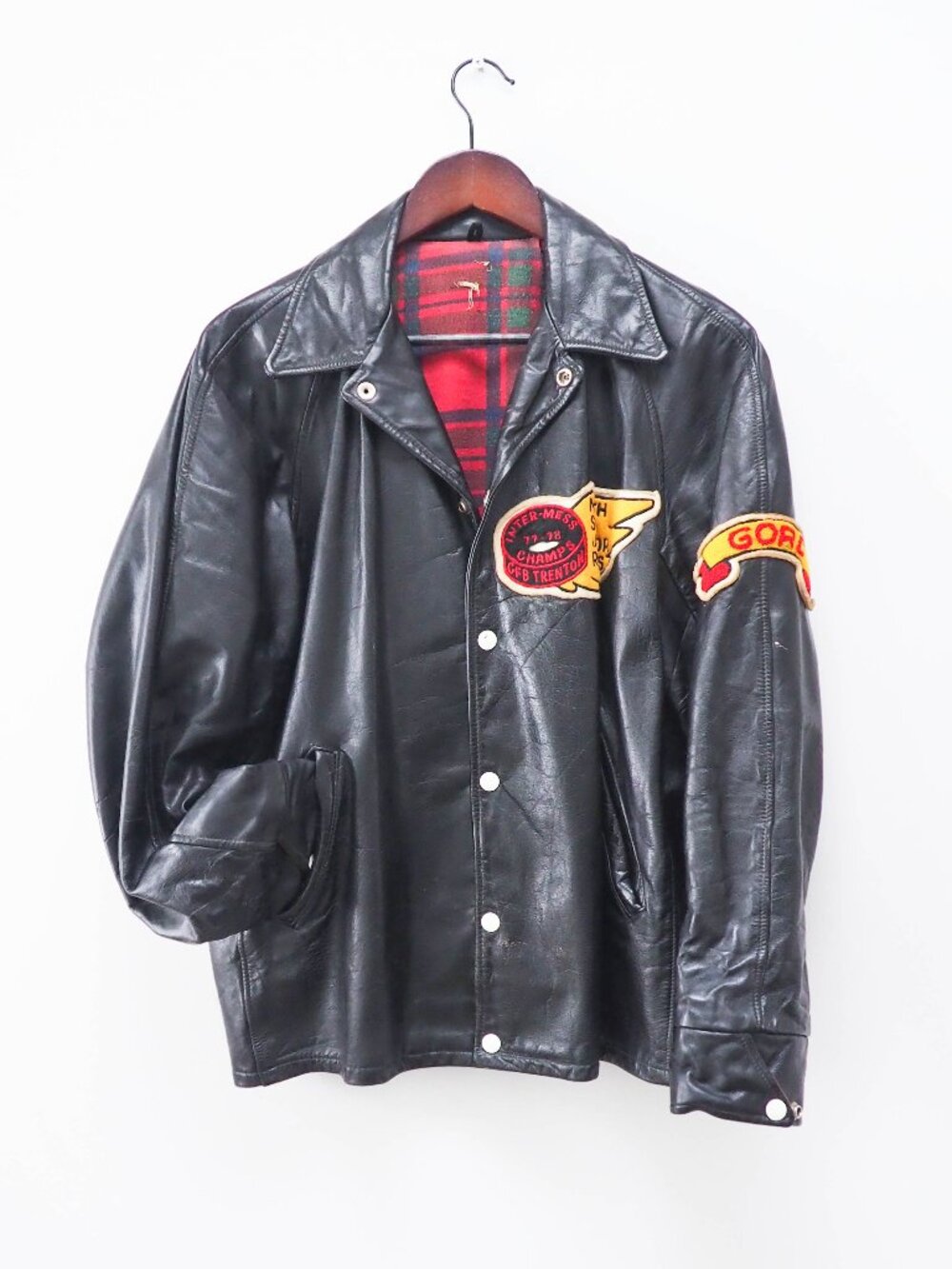 Plaid Lined Leather Jacket - 70s Inter-Mess Champs Jacket - "Gord" Patch